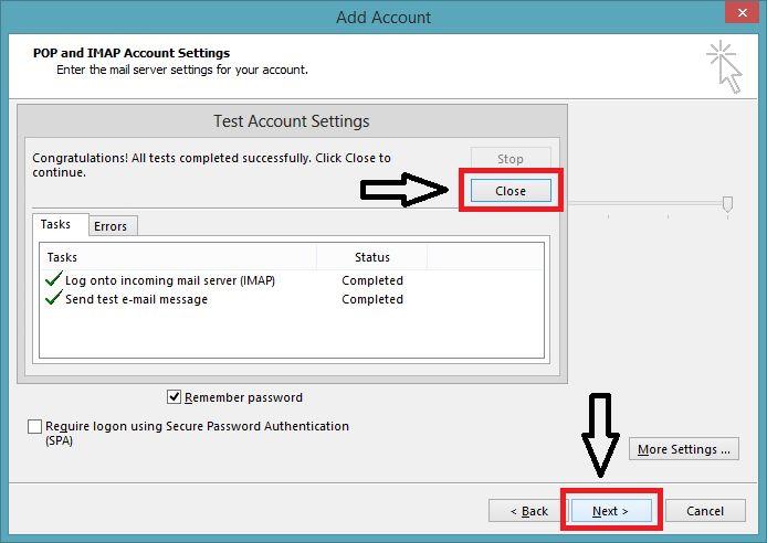 Test Account Settings window